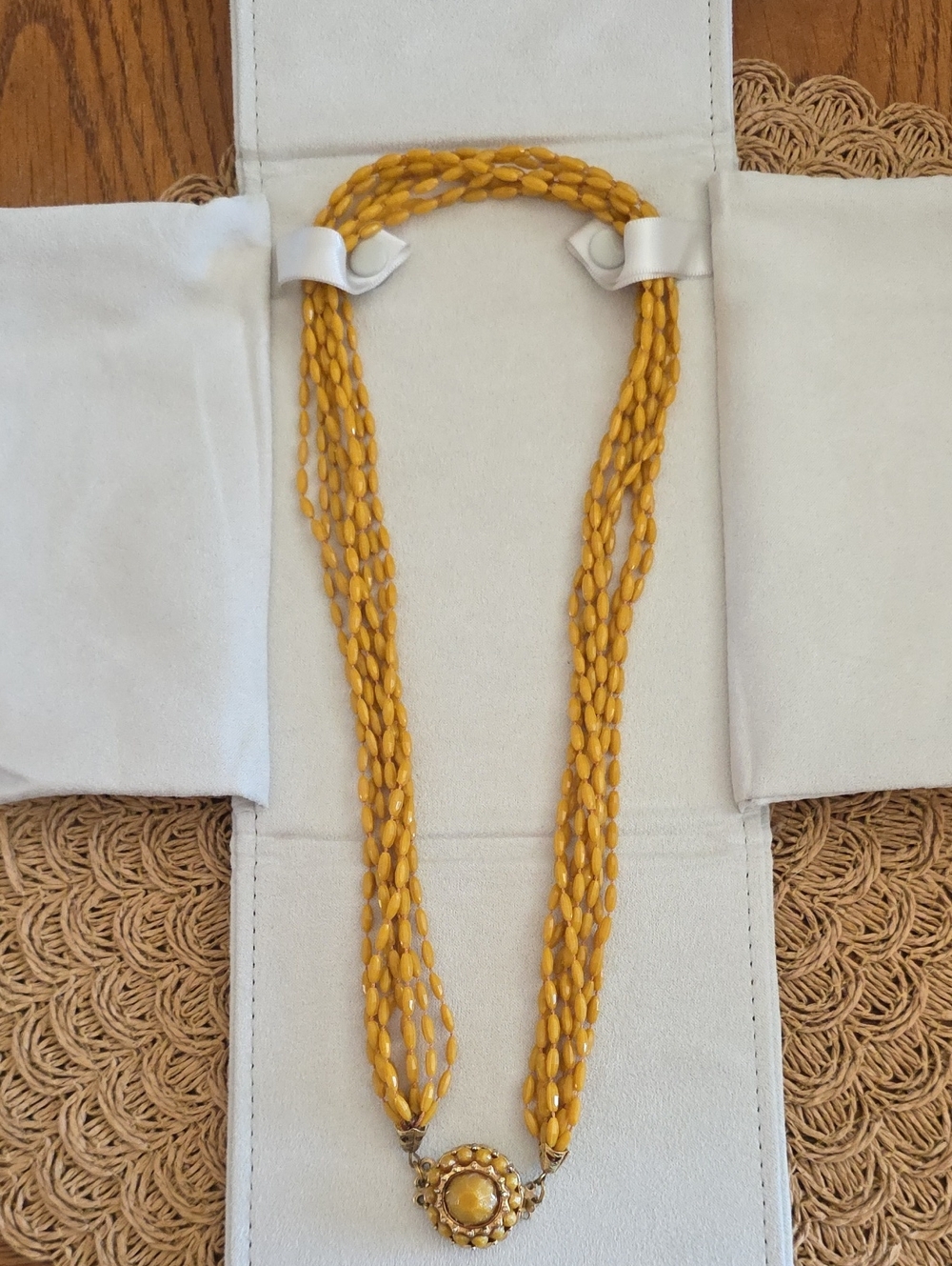 Vintage Mustard Beaded Multi-Strand  Decorative Box Clasp 22" Necklace
